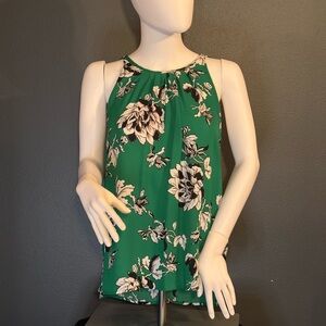 Dalia Green Floral High Gathered Neck Line Sleeveless Blouse Sz Medium